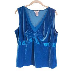 Vintage Y2K Teal Blue Velvet V Neck Sleeveless Bow Tank Top Blouse Size 18